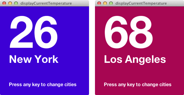 A screenshot of the finished sketch displaying temperatures for different cities.